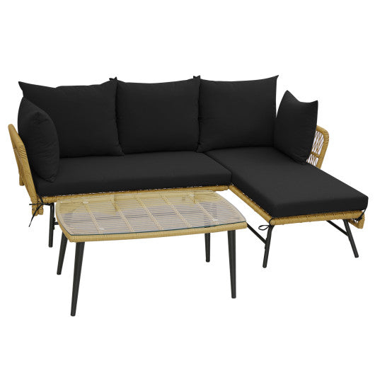 3 Pieces L-Shaped Patio Sofa with Cushions and Tempered Glass Table-Black