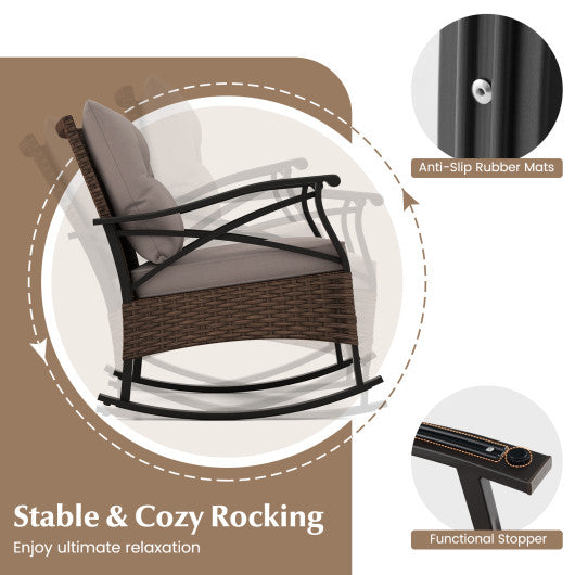 3 Pieces Outdoor Rattan Rocking Chairs Set with 2-Tier Side Table for Garden Backyard-Brown