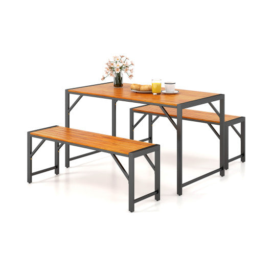 3 Pieces Patio Dining Set with Acacia Wood Dining Table and 2 Benches