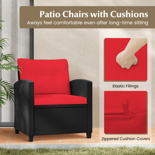 3 Pieces Patio Furniture Set with Tempered Glass Coffee Table-Red