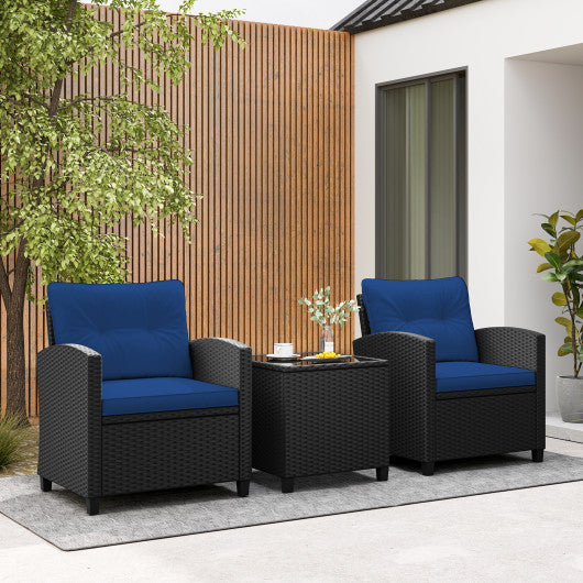 3 Pieces Patio Furniture Set with Tempered Glass Coffee Table-Navy