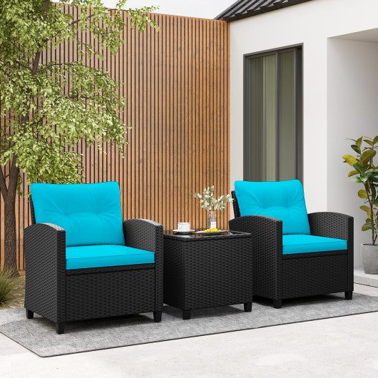 3 Pieces Patio Furniture Set with Tempered Glass Coffee Table-Turquoise