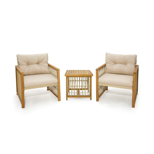 3 Pieces Patio PE Wicker Conversation Set with Acacia Wood Frame and Cushions-Beige