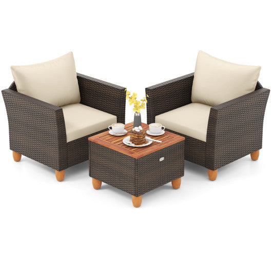3 Pieces Patio Rattan Bistro Furniture Set with Wooden Table Top-Beige