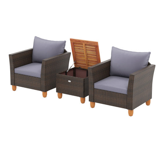 3 Pieces Patio Rattan Bistro Furniture Set with Wooden Table Top-Gray