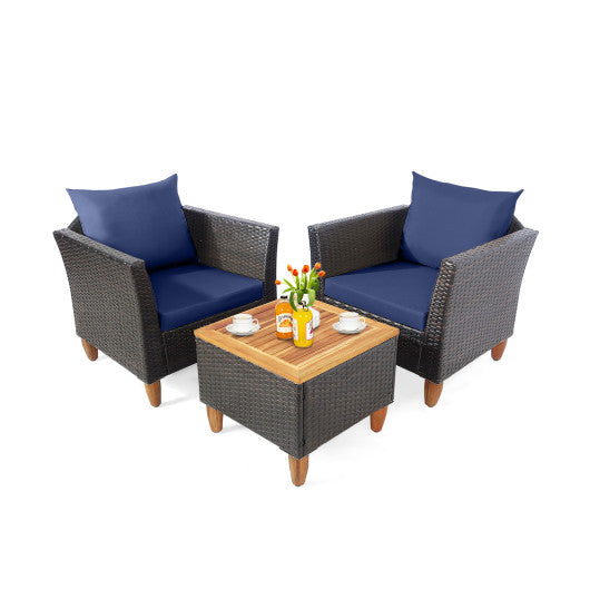 3 Pieces Patio Rattan Bistro Furniture Set with Wooden Table Top-Navy