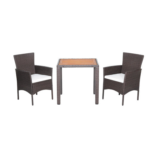 3 Pieces Patio Wicker Furniture Set wih Acacia Wood Table Top and Chair Cushiones