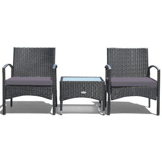 3 Pieces Patio Wicker Rattan Furniture Set with Cushion for Lawn Backyard-Gray