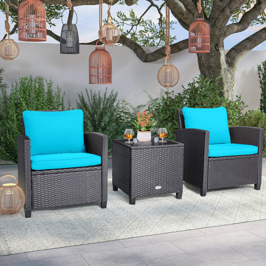 3 Pieces Rattan Patio Furniture Set with Washable Cushion-Beige & Turquoise