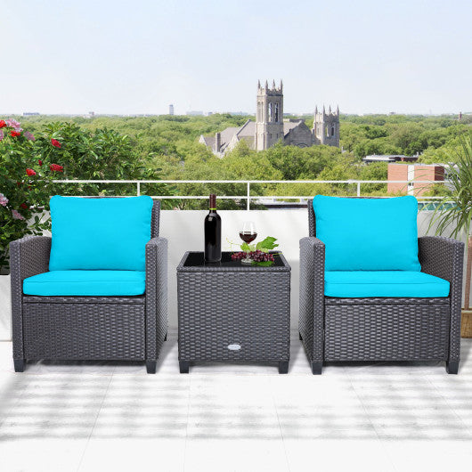 3 Pieces Rattan Patio Furniture Set with Washable Cushion-Beige & Turquoise