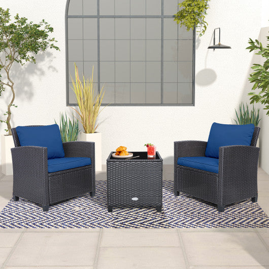 3 Pieces Rattan Patio Furniture Set with Washable Cushion-Dark Blue