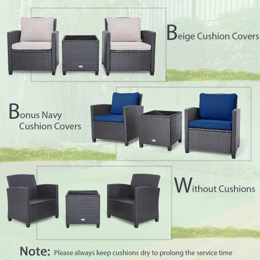 3 Pieces Rattan Patio Furniture Set with Washable Cushion-Dark Blue