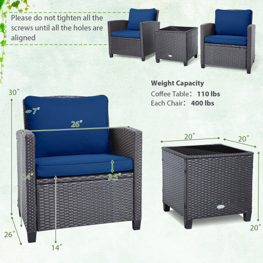 3 Pieces Rattan Patio Furniture Set with Washable Cushion-Dark Blue