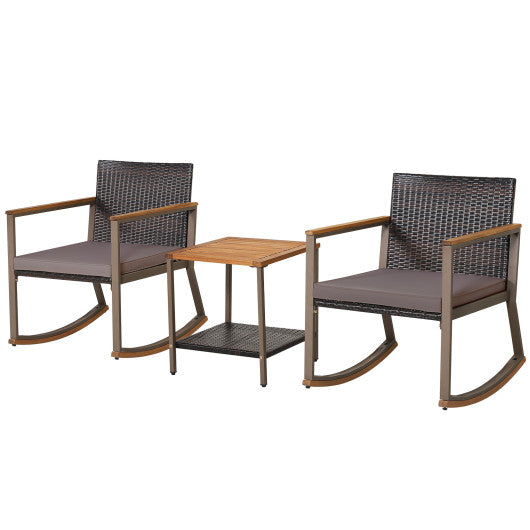 3 Pieces Rattan Rocking Bistro Set with Coffee Table and Cushions-Gray