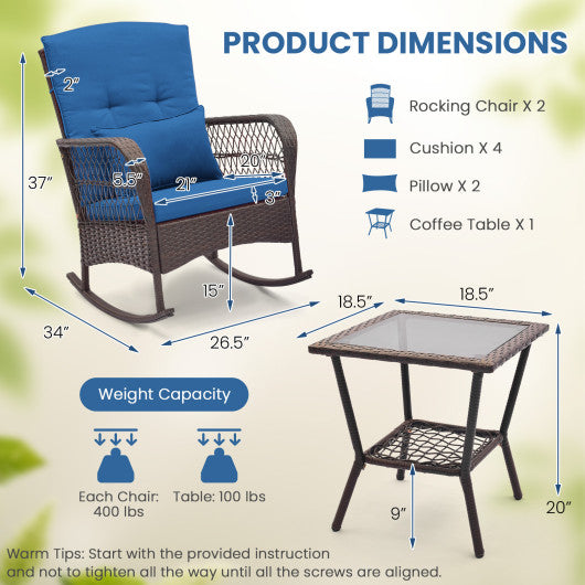 3 Pieces Rocking Bistro Set with 2-Tier Coffee Table-Navy