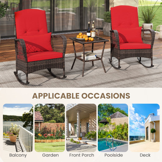 3 Pieces Rocking Bistro Set with 2-Tier Coffee Table-Red