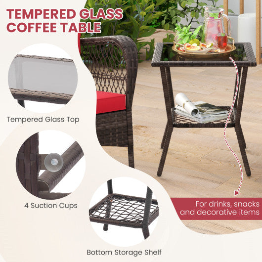 3 Pieces Rocking Bistro Set with 2-Tier Coffee Table-Red