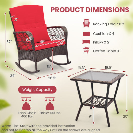 3 Pieces Rocking Bistro Set with 2-Tier Coffee Table-Red