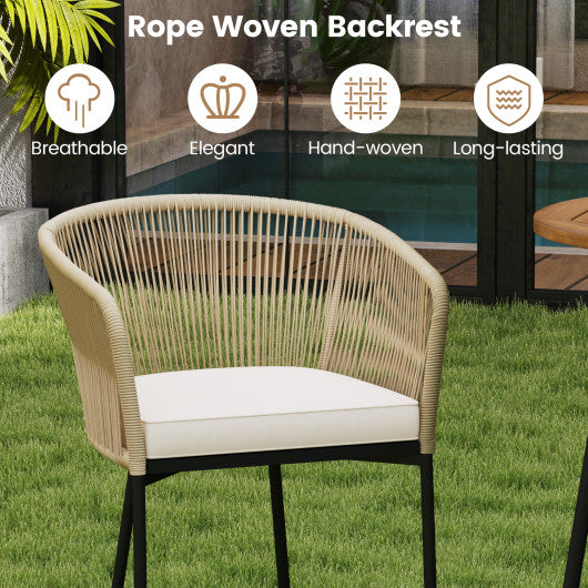 3 Pieces Rope Woven Patio Bar Set with Soft Cushions and Acacia Wood Tabletop-Beige