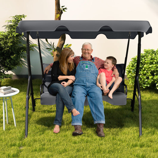 3-Seat Outdoor Patio Canopy Swing with Cushioned Steel Frame-Gray