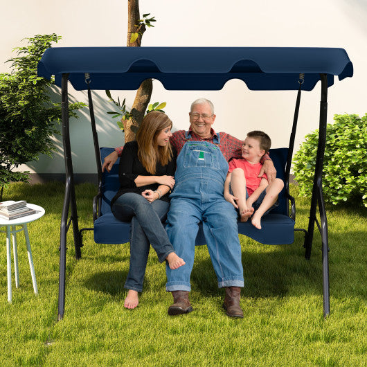 3-Seat Outdoor Patio Canopy Swing with Cushioned Steel Frame-Navy