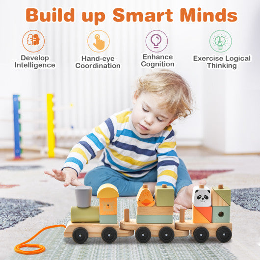 3-Section Toy Wooden Train Set with Stackable Building Blocks
