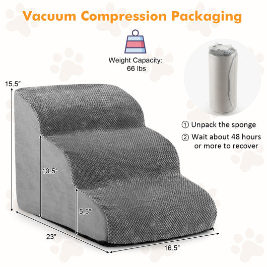 3-Tier Non-Slip Dog Steps with High-Density Sponge and Silicone Paw Prints-Gray