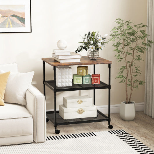 3 Tier Printer Stand Rolling Fax Cart with Adjustable Shelf and Swivel Wheels-Coffee