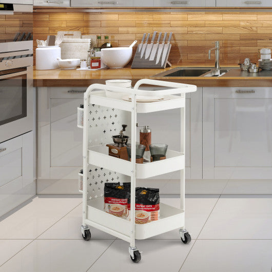 3-Tier Utility Storage Cart with DIY Pegboard Baskets-White