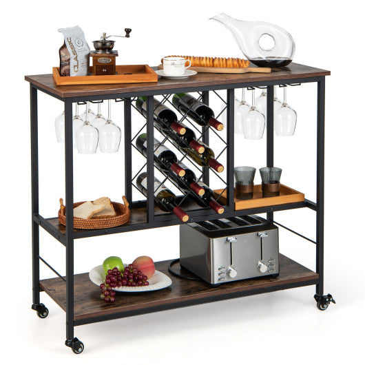 3-Tier Wine Bar Cabinet wit 8 Bottles Rack and 12 Glasses Hanger-Rustic Brown