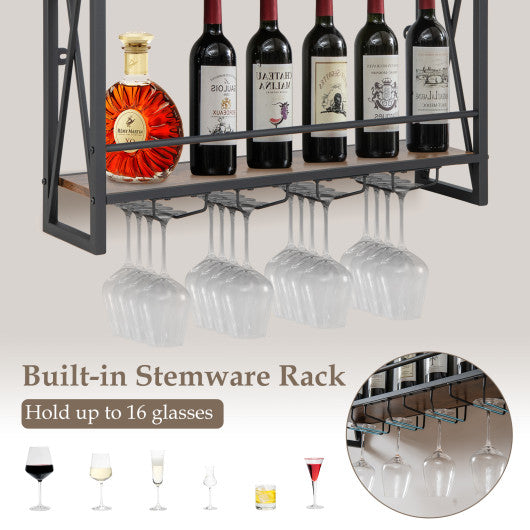 3-Tiers Industrial Wall Mounted Wine Rack with Glass Holder and Metal Frame