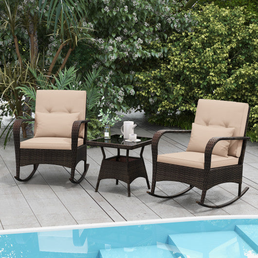 3 Piece Outdoor Rocking Set with Tempered Glass Coffee Table for Backyard Poolside-Brown