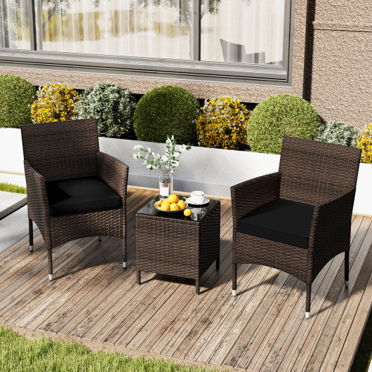 3 Pieces Outdoor Conversation Set with Cushioned Seat and Glass Tabletop-Black