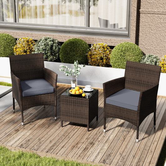 3 Pieces Outdoor Conversation Set with Cushioned Seat and Glass Tabletop-Gray