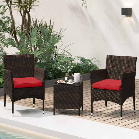 3 Pieces Outdoor Conversation Set with Cushioned Seat and Glass Tabletop-Red