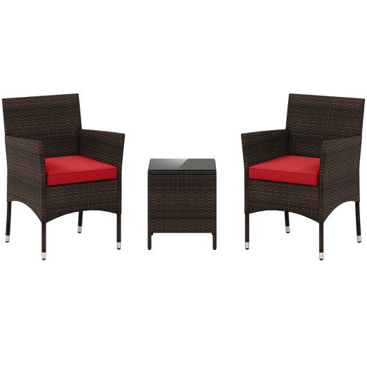 3 Pieces Outdoor Conversation Set with Cushioned Seat and Glass Tabletop-Red