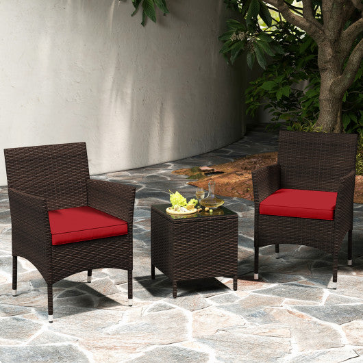 3 Pieces Outdoor Conversation Set with Cushioned Seat and Glass Tabletop-Red