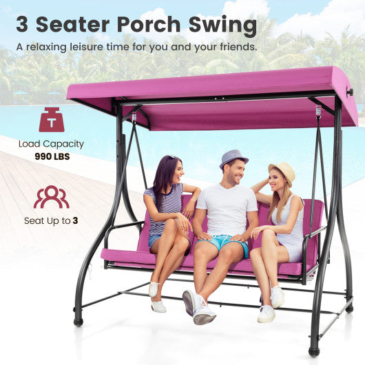 3 Seat Outdoor Porch Swing with Adjustable Canopy-Wine