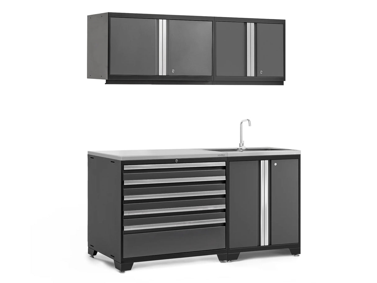 Pro Series 5 Piece Cabinet Set with Sink, Wall Cabinet, Tool Drawer, and Worktop