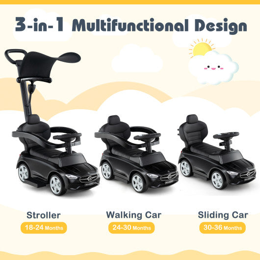 3-in-1 Ride on Push Car Mercedes-Benz Licensed Sliding Car with Canopy-Black