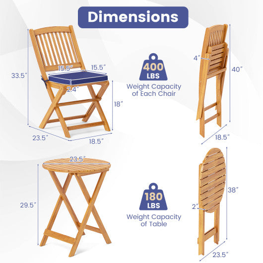 3 Pieces Acacia Wood Patio Folding Bistro Set with Soft Cushions-Navy