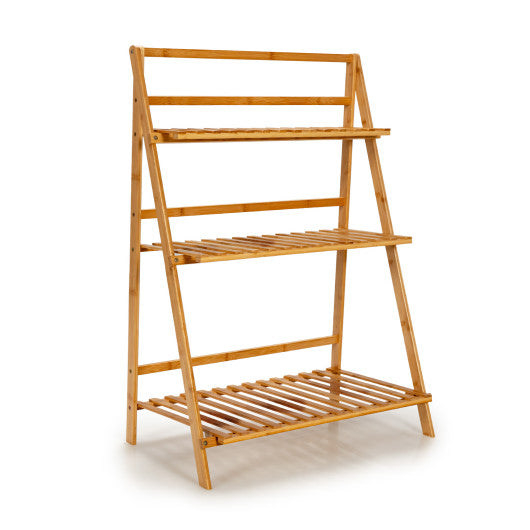 3-Tier Bamboo Foldable Plant Stand with Display Shelf Rack-Natural