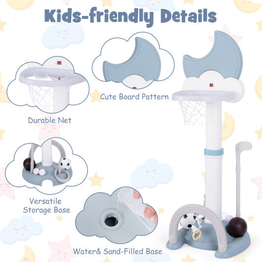 4-In-1 Kids Basketball Hoop with Moon-shaped Electronic Scoreboard and Play Set-Blue