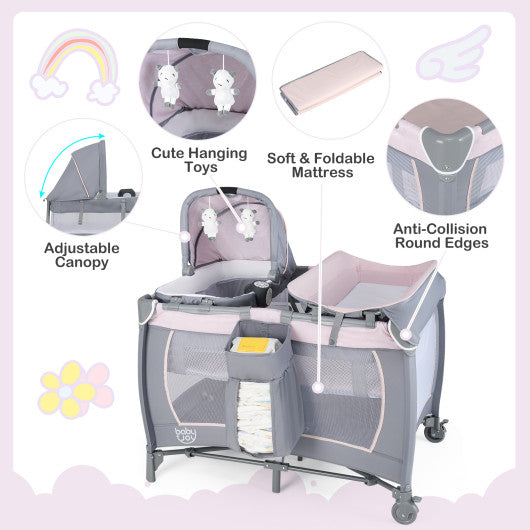 4-in-1 Convertible Portable Baby Playard Newborn Napper with Music and Toys-Gray