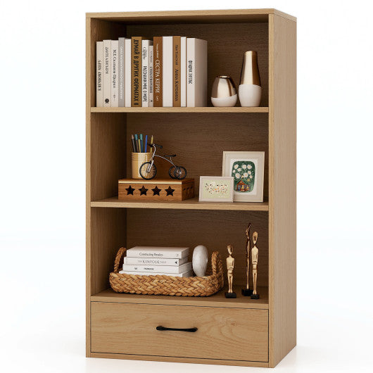 4-Tier Storage Bookcase with Open Shelves Drawer and Anti-toppling Device-Natural