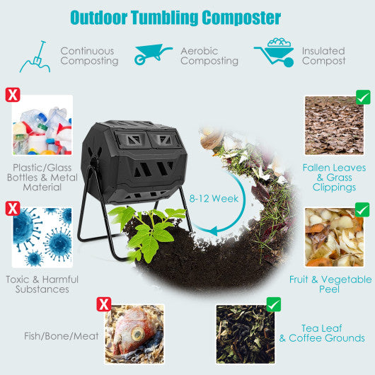 43 Gallon Composting Tumbler Compost Bin with Dual Rotating Chamber