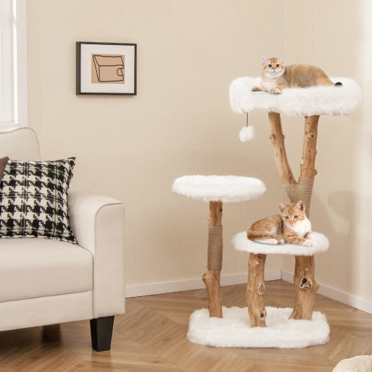 44 Inch Solid Wood Cat Tree with Perch and Natural Jute Scratching Posts-White