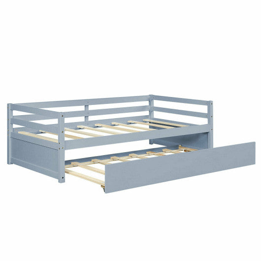Twin Size Trundle Platform Bed Frame with Wooden Slat Support-Gray