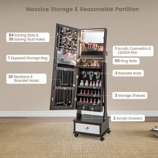 47 Inch Lockable Jewelry Cabinet Armoire with 3-Color LED Lights-Brown