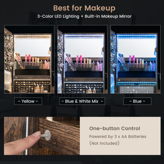 47 Inch Lockable Jewelry Cabinet Armoire with 3-Color LED Lights-Rustic Brown